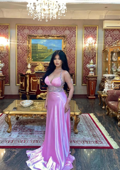 Stunning Pink A Line Halter Beaded Satin Backless Long Prom Dress Graduation Prom Dress SH5487