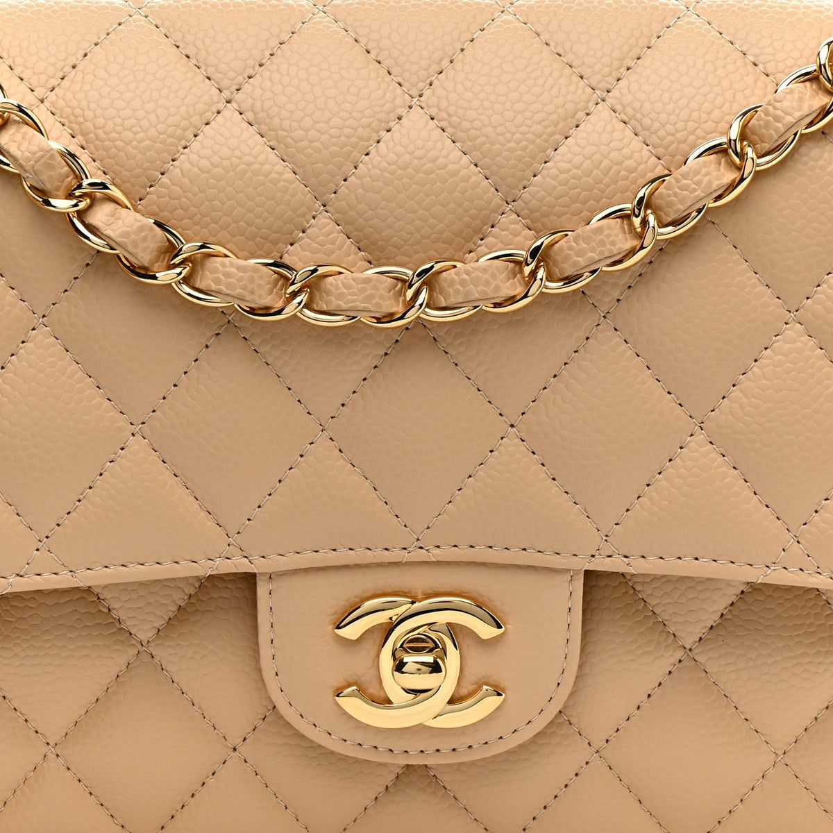 Caviar Quilted Medium Double Flap Beige