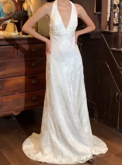 Elgant 90s Prom Dress White V-neck Backless Gala Gown Evening Dress Wedding Dress   D5305