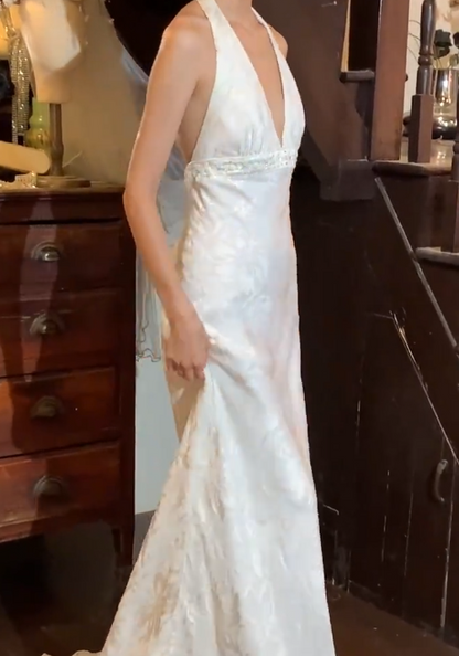 Elgant 90s Prom Dress White V-neck Backless Gala Gown Evening Dress Wedding Dress   D5305