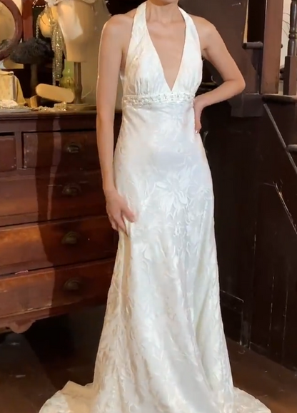 Elgant 90s Prom Dress White V-neck Backless Gala Gown Evening Dress Wedding Dress   D5305