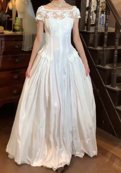 Vintage 90s Prom Dress A Line Square Neck Gala Gown Evening Dress Wedding Dress   D5307