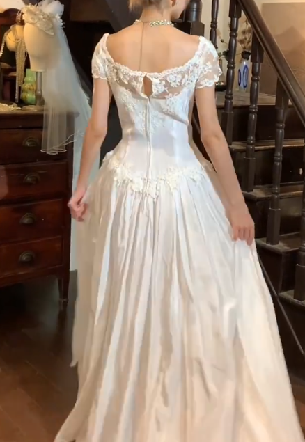 Vintage 90s Prom Dress A Line Square Neck Gala Gown Evening Dress Wedding Dress   D5307