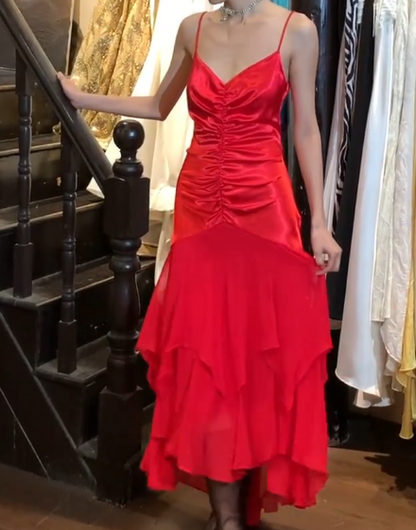 Beauty Prom Dress Red Spaghetti Straps Pleated Mermaid Gala Gown Evening Dress Cocktail Dress  D5311