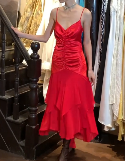 Beauty Prom Dress Red Spaghetti Straps Pleated Mermaid Gala Gown Evening Dress Cocktail Dress  D5311