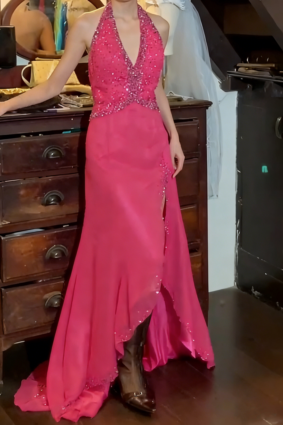 Charming 90s Prom Dress Halter Beading Slit Gala Gown Evening Dress   D5312