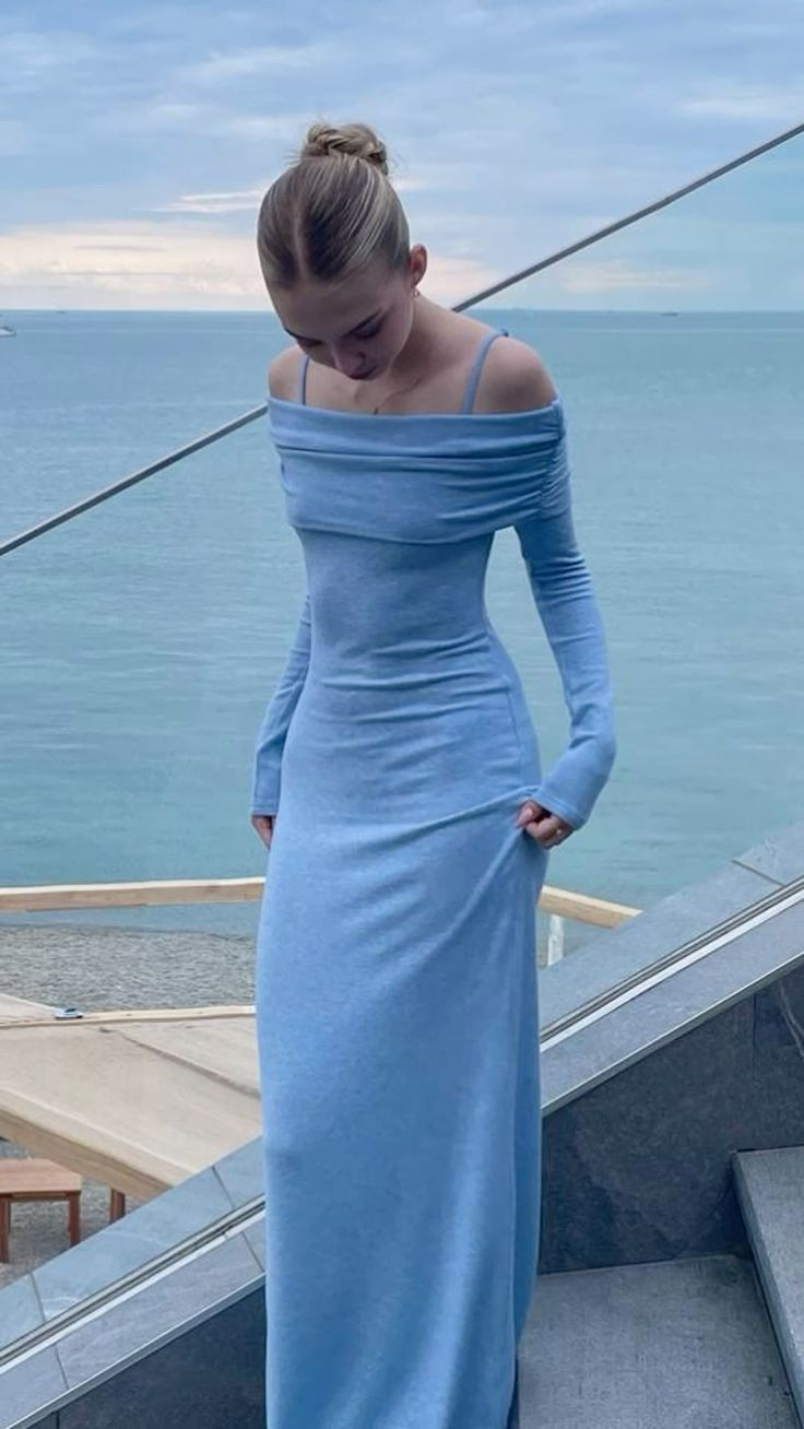 Blue Off Shoulder Long Sleeves Sheath Long Party Dress Evening Dress, D273