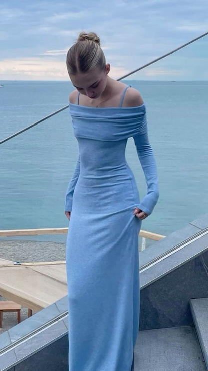 Blue Off Shoulder Long Sleeves Sheath Long Party Dress Evening Dress, D273