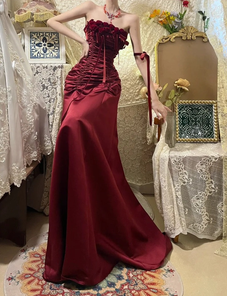 Stunning Prom Dress A Line Wine Red Strapless Pleated Gala Dress Evening Dress 18th Birthday Gown      D5334