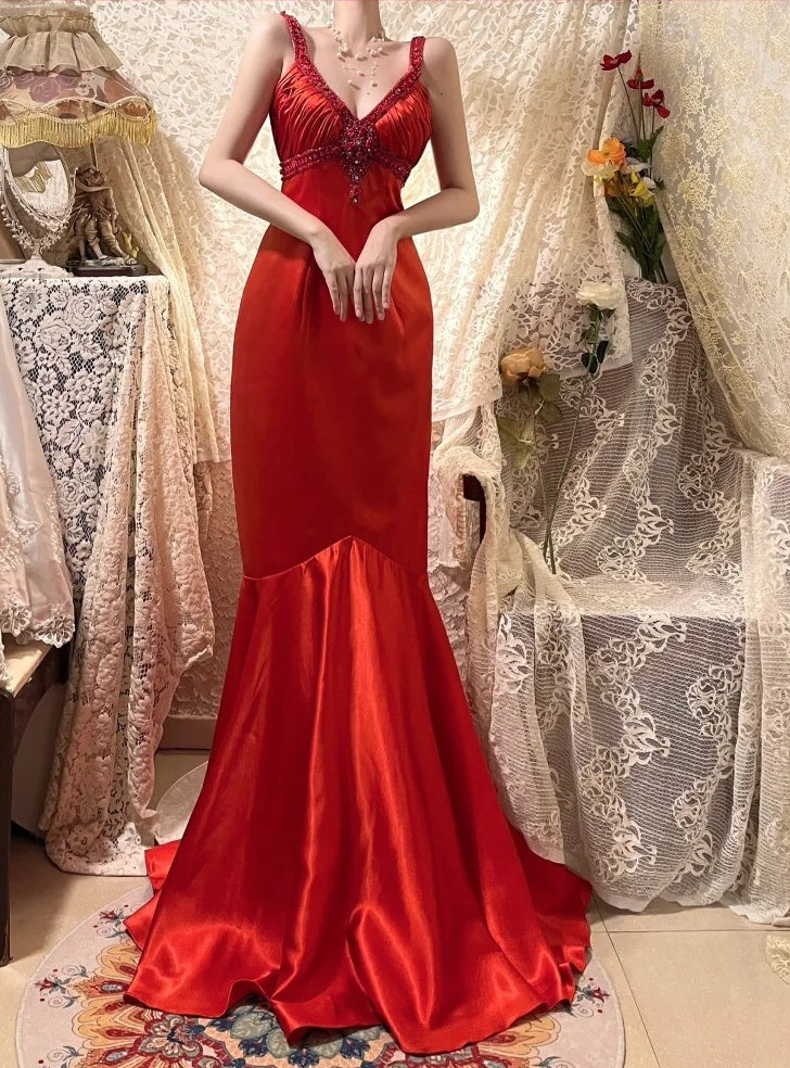 Stunning Prom Dress Red V-neck Mermaid Gala Dress Evening Dress 18th Graduation Gown      D5338