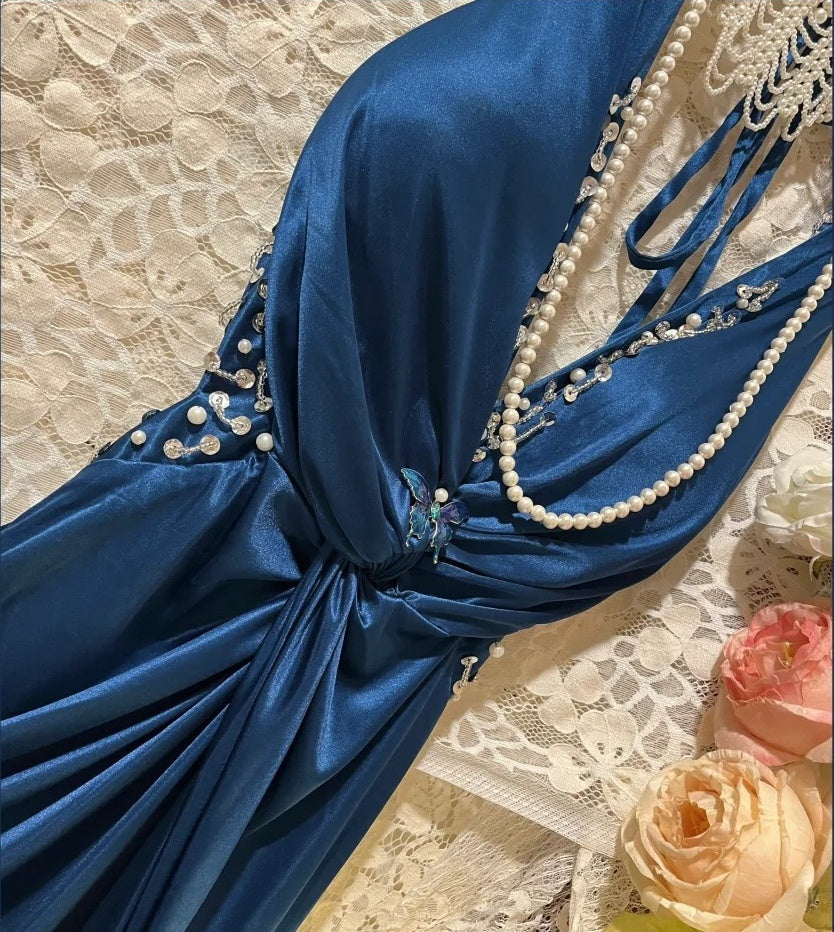 Beauty Prom Dress Navy Blue V-neck Gala Dress Evening Dress 18th Graduation Gown      D5340