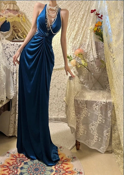 Beauty Prom Dress Navy Blue V-neck Gala Dress Evening Dress 18th Graduation Gown      D5340