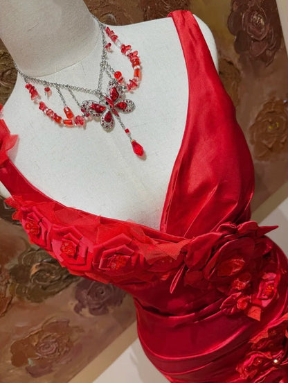 Stunning Prom Dress Red Satin Straps Gala Dress Evening Dress 18th Graduation Gown      D5343