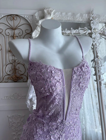 Elegant Prom Dress Lilac Spaghetti Straps Slit Mermaid Gala Dress Evening Dress 18th Birthday Gown      D5347