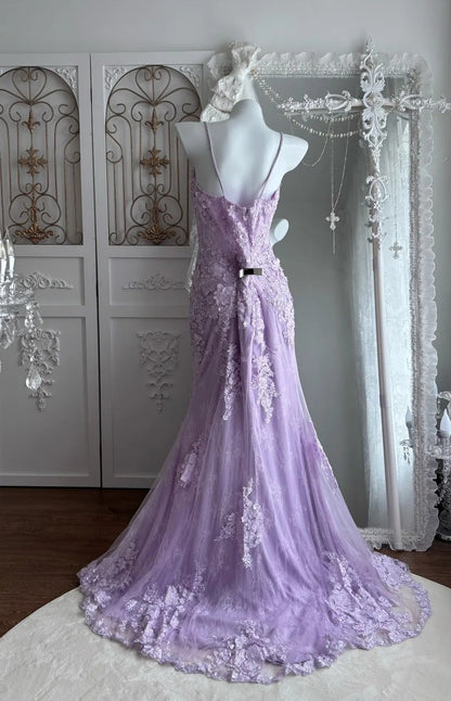 Elegant Prom Dress Lilac Spaghetti Straps Slit Mermaid Gala Dress Evening Dress 18th Birthday Gown      D5347