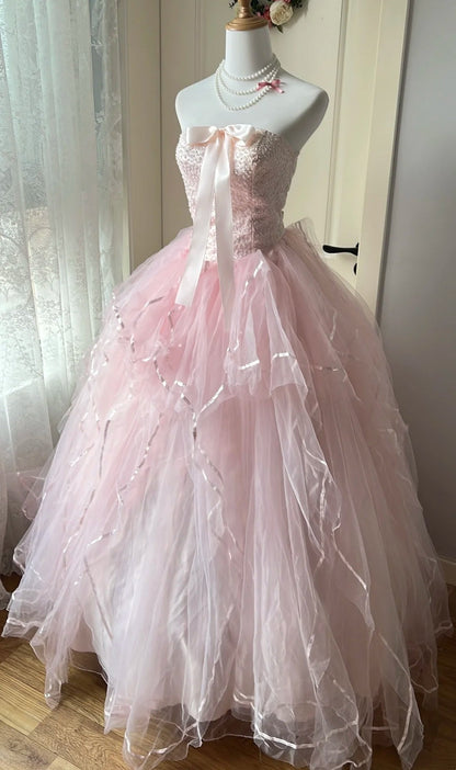 Sweet Ball Gown Light Pink Strapless Pleated Tulle Evening Dress Quinceanera Dress 18th Birthday Prom Gown       D5348