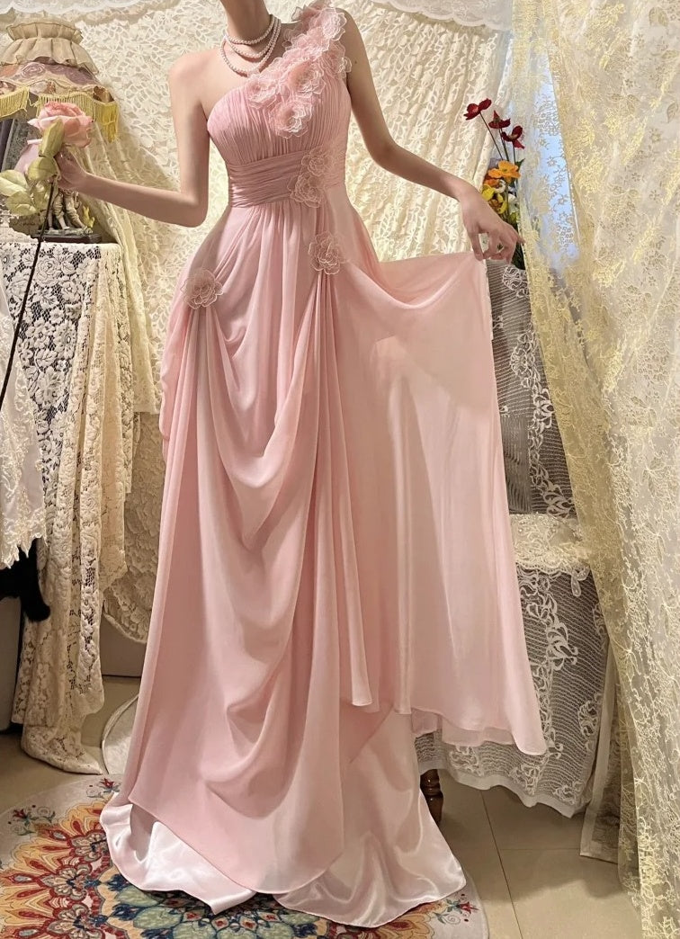 Elegant Prom Dress Pink Chiffon One Shoulder Pleated Gala Dress Evening Dress 18th Birthday Gown      D5361