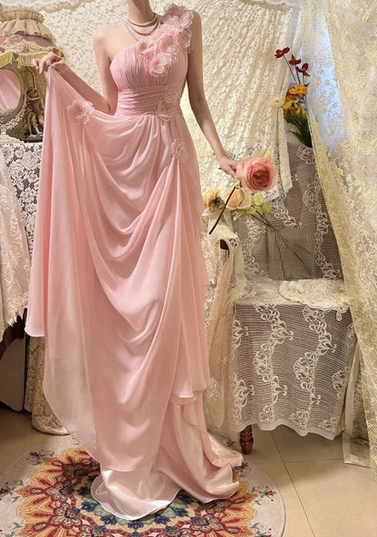 Elegant Prom Dress Pink Chiffon One Shoulder Pleated Gala Dress Evening Dress 18th Birthday Gown      D5361