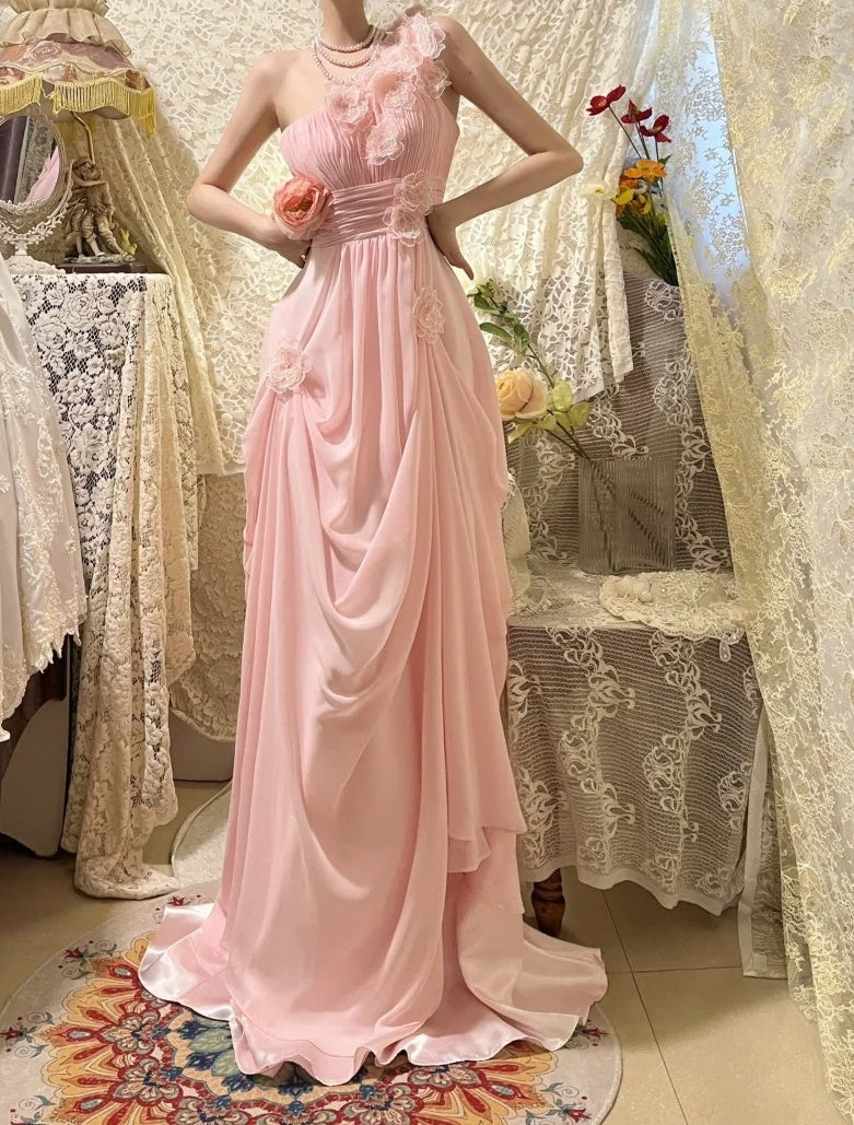 Elegant Prom Dress Pink Chiffon One Shoulder Pleated Gala Dress Evening Dress 18th Birthday Gown      D5361