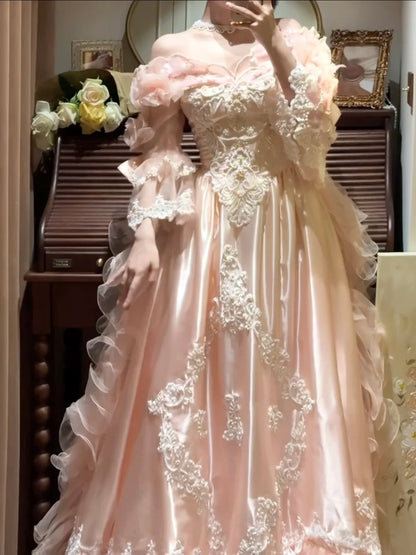 Vintage 90s Prom Dress Light Pink Off Shoulder Pleated Gala Dress Evening Dress 18th Birthday Gown      D5362