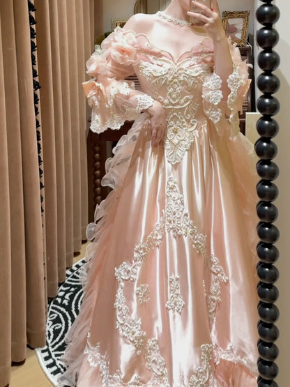 Vintage 90s Prom Dress Light Pink Off Shoulder Pleated Gala Dress Evening Dress 18th Birthday Gown      D5362