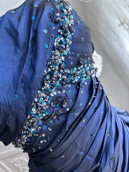 Elegant Prom Dress Dark Blue Strapless Pleated Mermaid Gala Dress Evening Dress 18th Birthday Gown      D5372