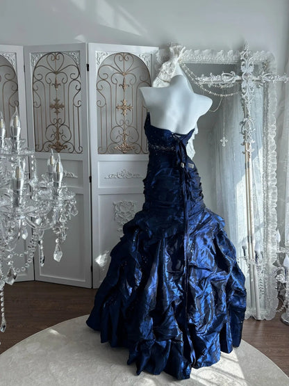 Elegant Prom Dress Dark Blue Strapless Pleated Mermaid Gala Dress Evening Dress 18th Birthday Gown      D5372