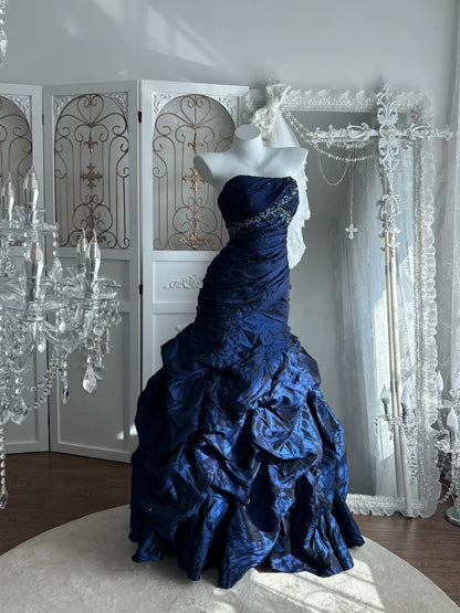 Elegant Prom Dress Dark Blue Strapless Pleated Mermaid Gala Dress Evening Dress 18th Birthday Gown      D5372