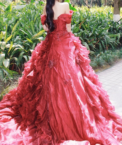 Gorgeous Ball Gown Red Off Shoulder Pleated Evening Dress Sweet 16th Dress Birthday Prom Gown       D5385
