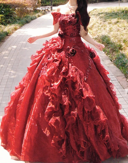 Gorgeous Ball Gown Red Off Shoulder Pleated Evening Dress Sweet 16th Dress Birthday Prom Gown       D5385