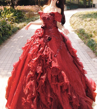 Gorgeous Ball Gown Red Off Shoulder Pleated Evening Dress Sweet 16th Dress Birthday Prom Gown       D5385