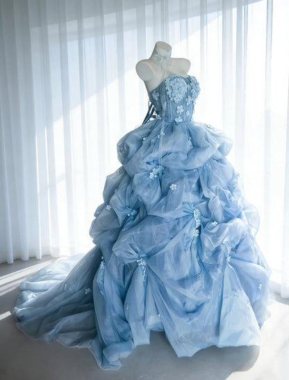 Charming Ball Gown Strapless Floral Pleated Evening Dress Sweet 16th Dress Birthday Prom Gown       D5392