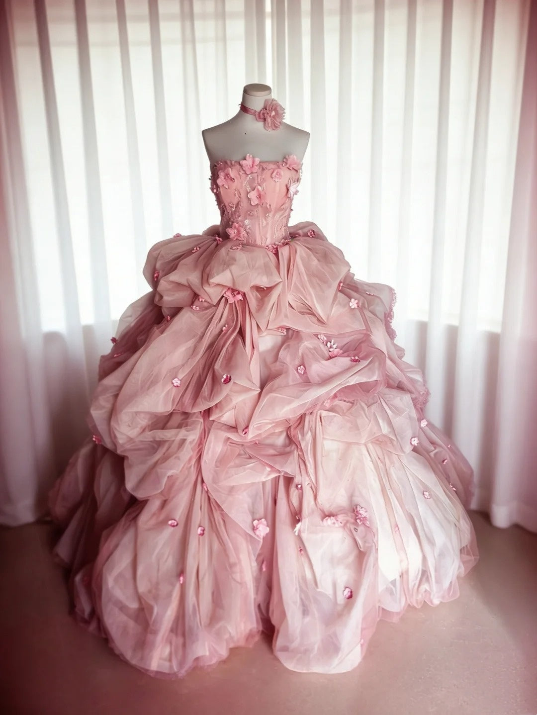 Beauty Ball Gown Pink Strapless Pleated Floral Evening Dress Quniceanera Dress Birthday Prom Gown       D5397
