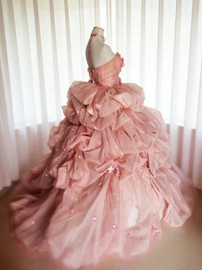 Beauty Ball Gown Pink Strapless Pleated Floral Evening Dress Quniceanera Dress Birthday Prom Gown       D5397