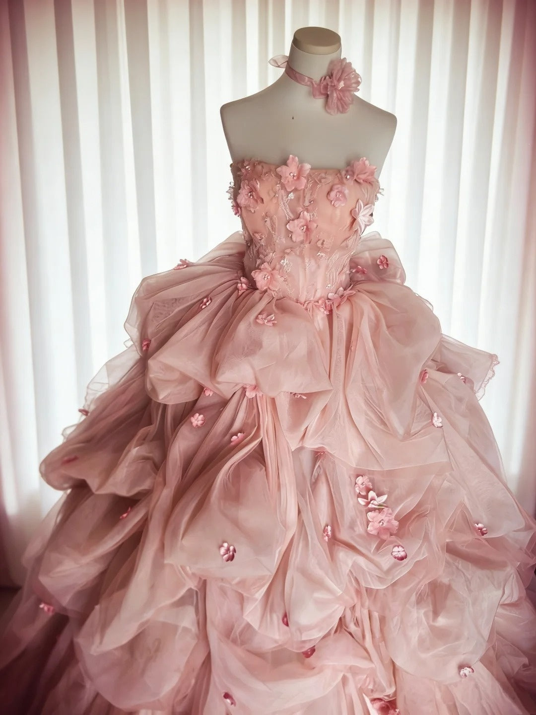 Beauty Ball Gown Pink Strapless Pleated Floral Evening Dress Quniceanera Dress Birthday Prom Gown       D5397
