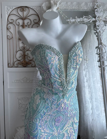 Elegant Prom Dress Sweetheart Pearl Mermaid Gala Dress Evening Dress 18th Graduation Gown      D5398
