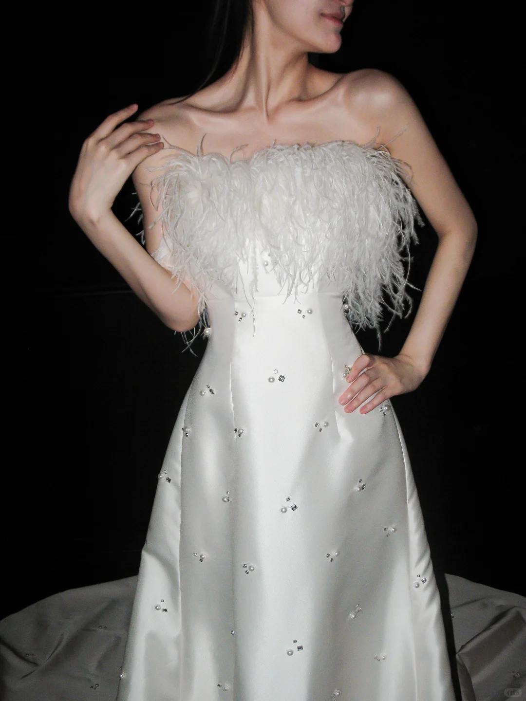 Sweety A Line Strapless White Feather Beaded Satin Long Wedding Dress SH5974