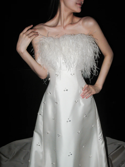 Sweety A Line Strapless White Feather Beaded Satin Long Wedding Dress SH5974