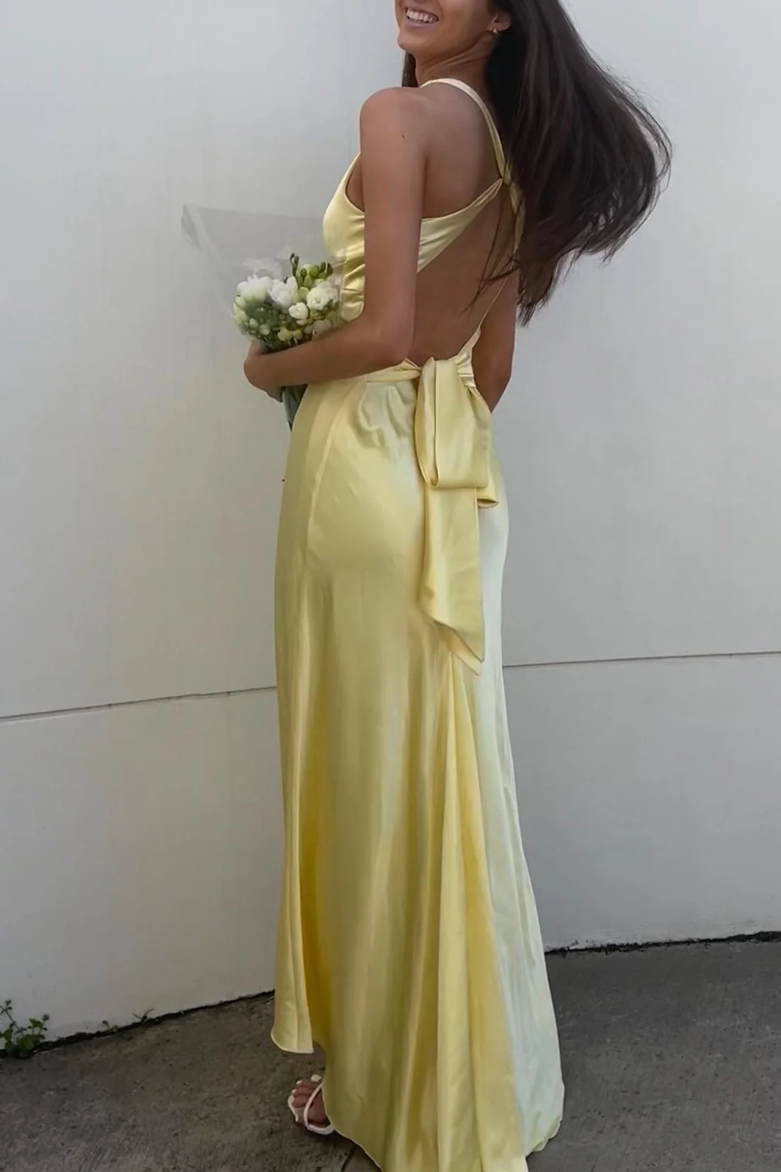 Elegant Purple V Neck Halter Sheath Satin Simple Long Prom Dress MD7638
