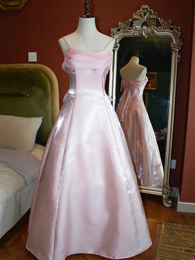 Vintage A Line Spaghetti Strap Light Pink Tulle Long Prom Dress Evening Dress SH2215