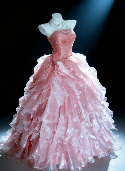Sweet Ball Gown Strapless Ruffle Pleated Evening Dress Quniceanera Dress Birthday Prom Gown       D5403