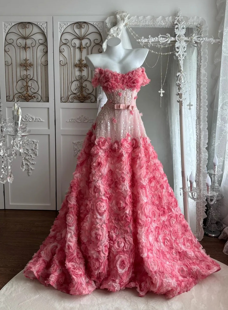 Charming Prom Dress A Line Off Shoulder Floral Gala Dress Evening Dress Formal Gown      D5404