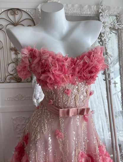 Charming Prom Dress A Line Off Shoulder Floral Gala Dress Evening Dress Formal Gown      D5404