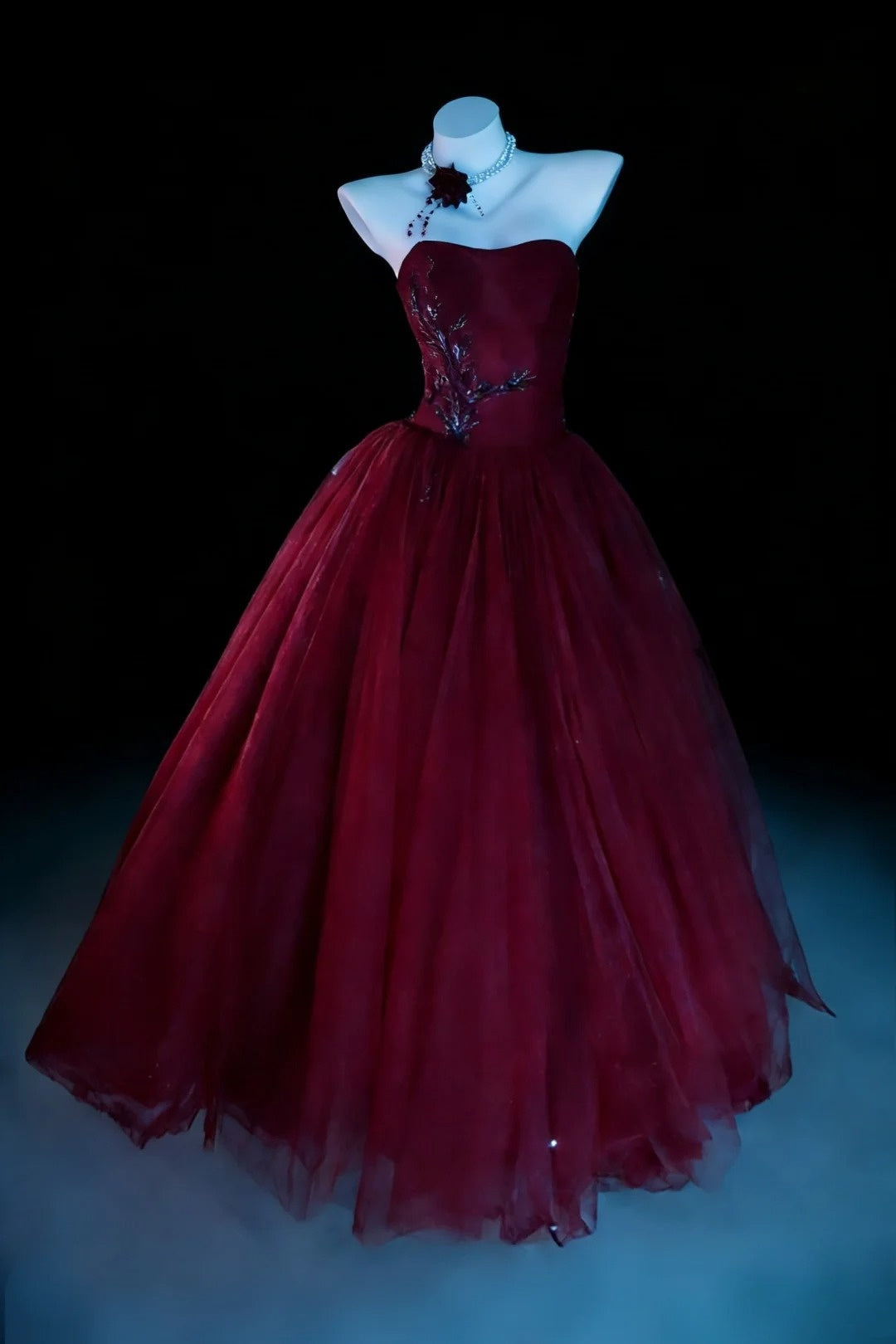 Charming Ball Gown Wine Red Strapless Tulle Pleated Evening Dress Quniceanera Dress Birthday Prom Gown       D5408