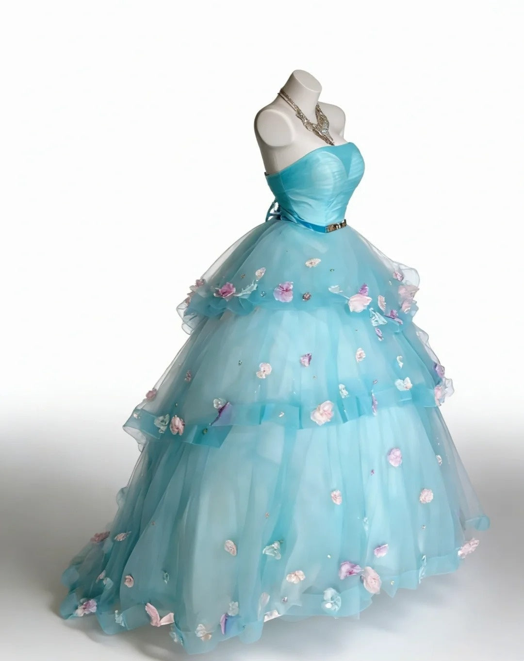 New Arrival Ball Gown Strapless Tiered Tulle Floral Evening Dress Sweet 16th Dress Birthday Prom Gown       D5412