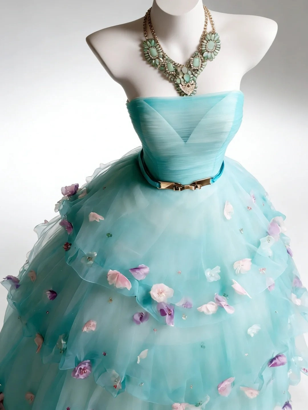 New Arrival Ball Gown Strapless Tiered Tulle Floral Evening Dress Sweet 16th Dress Birthday Prom Gown       D5412
