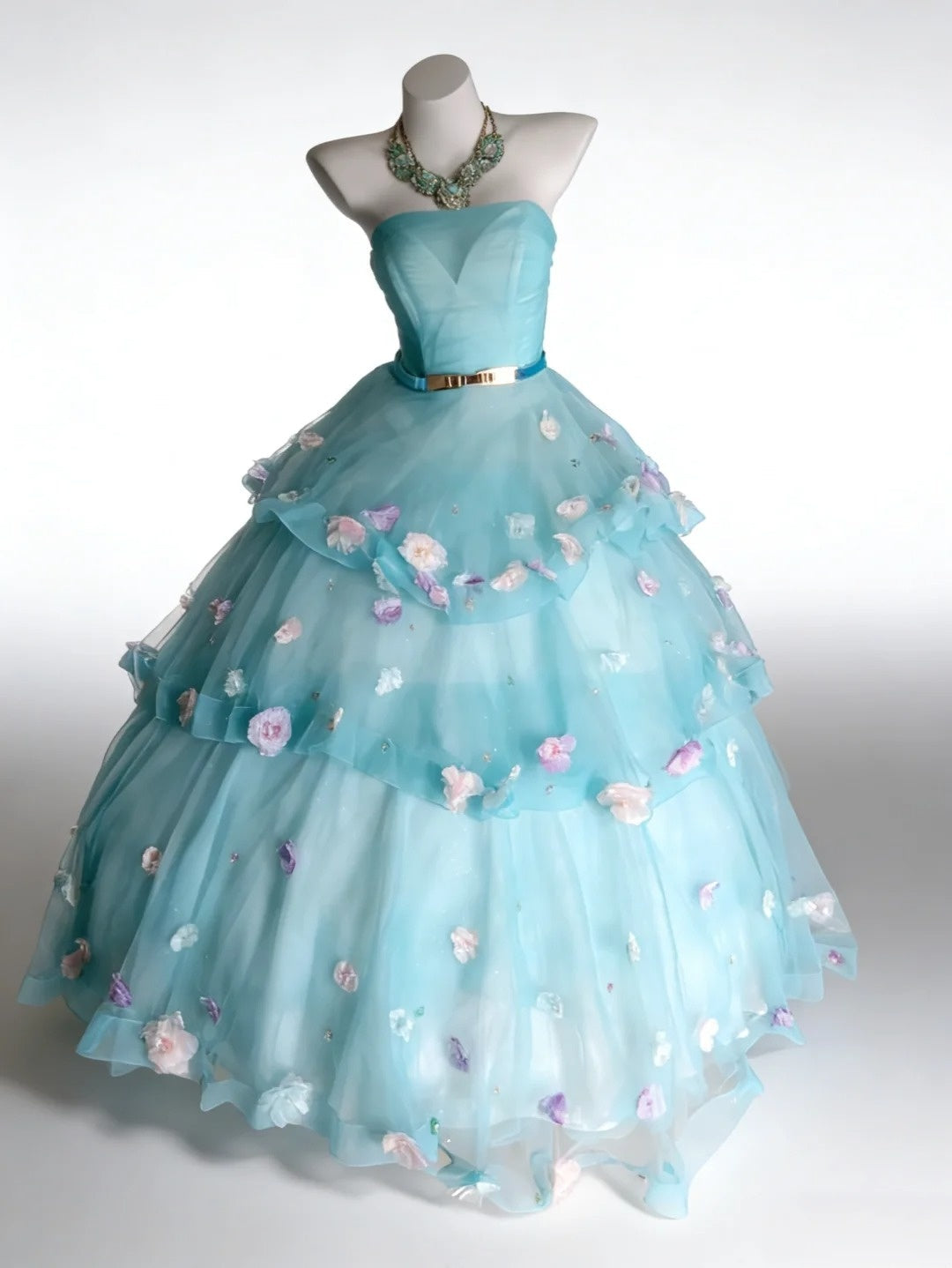 New Arrival Ball Gown Strapless Tiered Tulle Floral Evening Dress Sweet 16th Dress Birthday Prom Gown       D5412