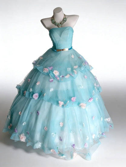 New Arrival Ball Gown Strapless Tiered Tulle Floral Evening Dress Sweet 16th Dress Birthday Prom Gown       D5412