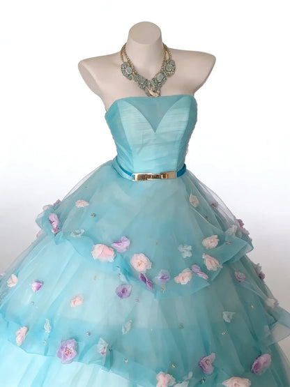 New Arrival Ball Gown Strapless Tiered Tulle Floral Evening Dress Sweet 16th Dress Birthday Prom Gown       D5412