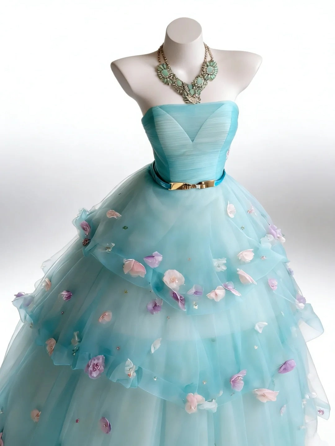 New Arrival Ball Gown Strapless Tiered Tulle Floral Evening Dress Sweet 16th Dress Birthday Prom Gown       D5412